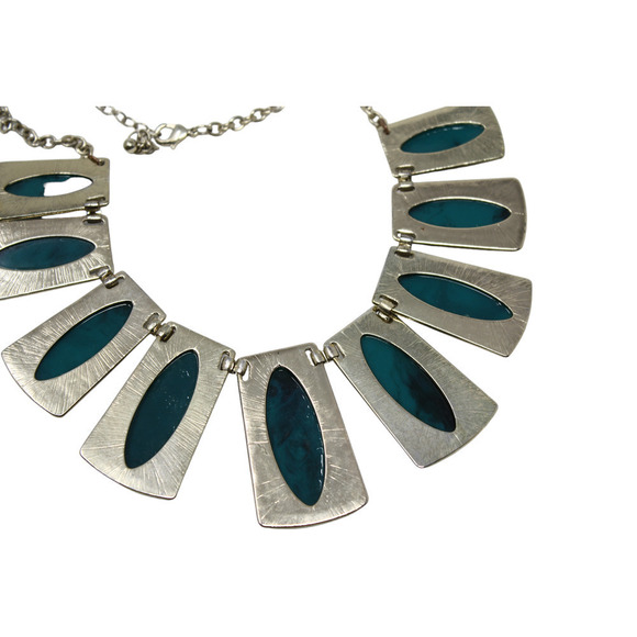 Vintage Mod Deco Silver and Green Medallion Statement Necklace 18" Long -Hey Viv - Picture 3 of 5